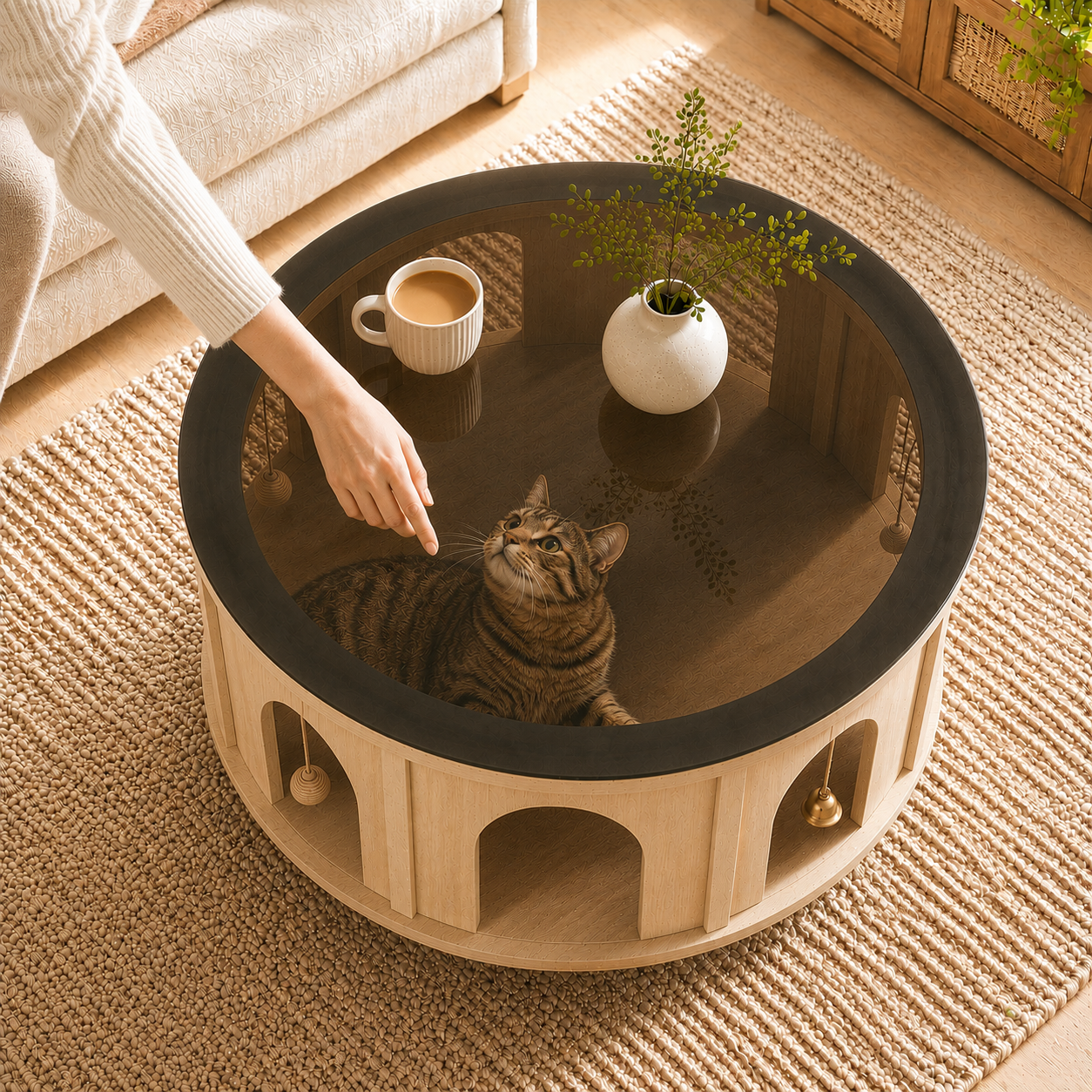 A person interacting with a tabby cat beneath the smoked glass top of the Hoomlet cat activity coffee table.