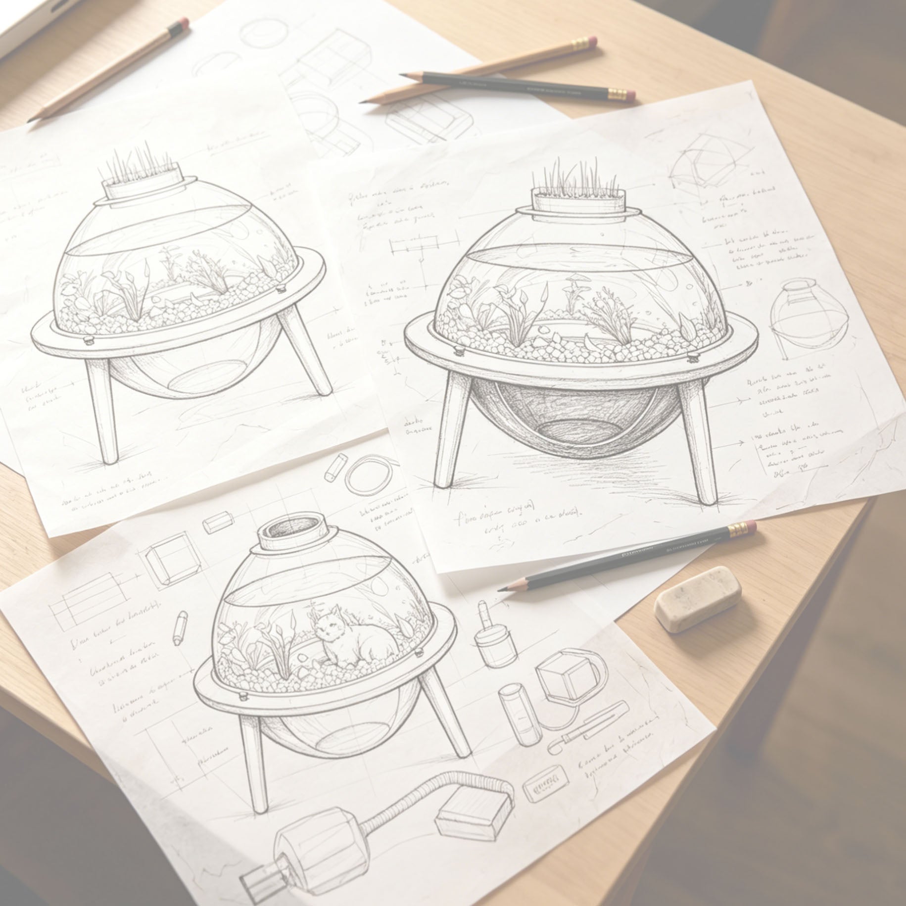 Original concept sketches of the HOOMLET Aquarium Pro XL Cat Bed created during the product design and development process.