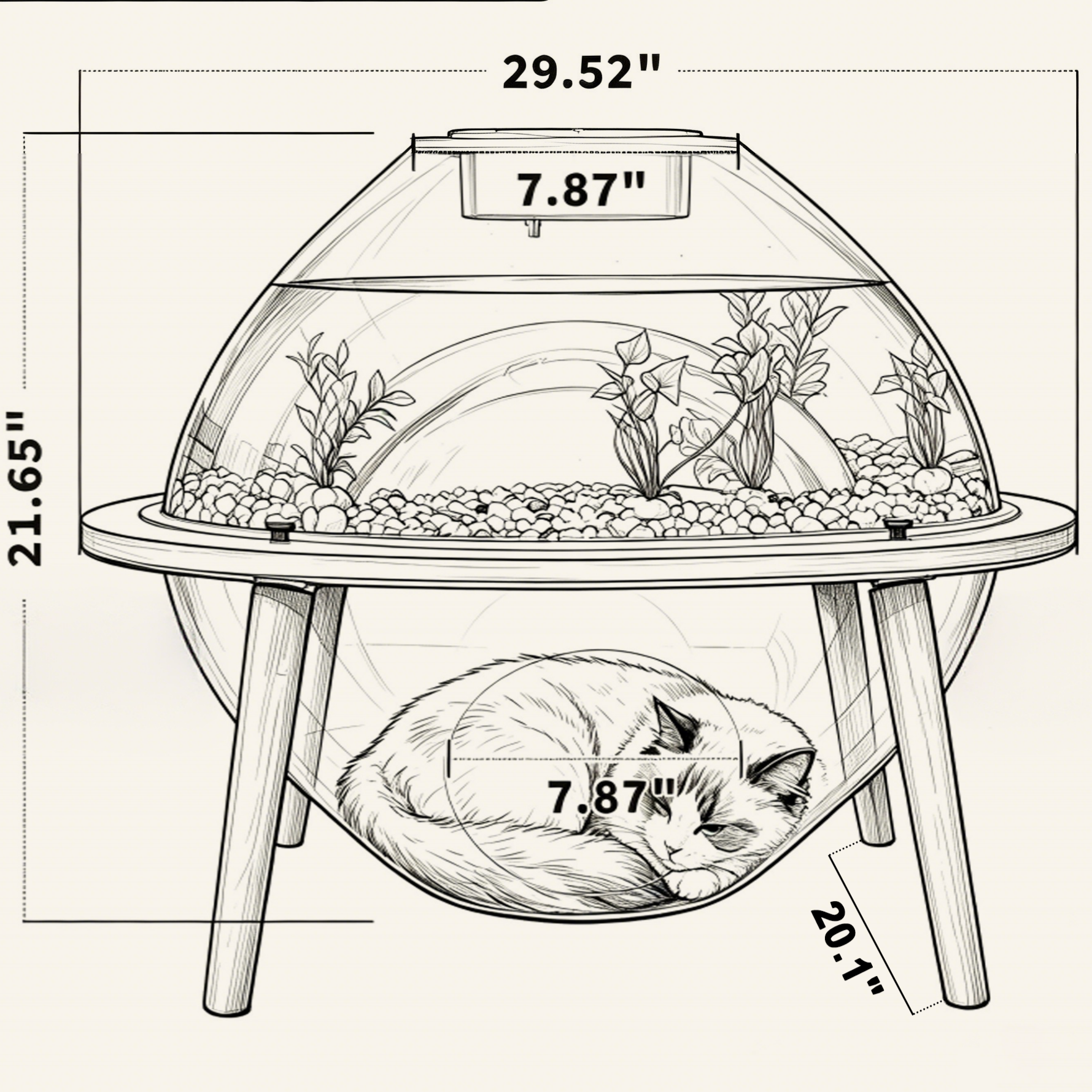 HOOMLET Aquarium Pro XL Cat Bed dimensions with 12-gallon fish tank, 14-gallon cat cave and space for cats up to 25 lbs.