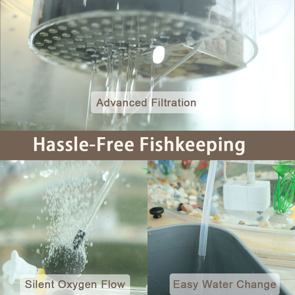 Advanced filtration system with silent oxygen flow and easy water changes for the HOOMLET Aquarium Pro XL Cat Bed.