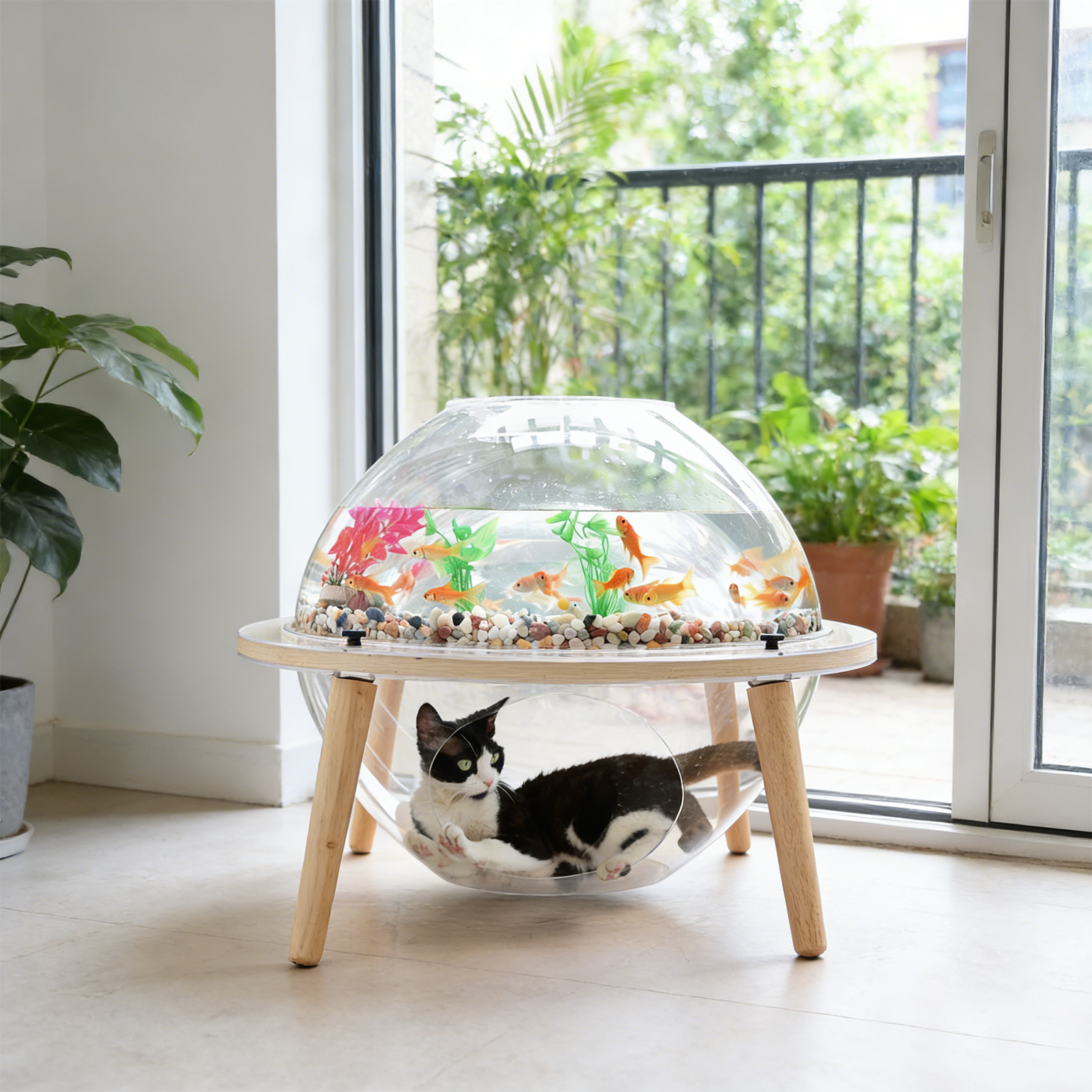 HOOMLET Aquarium Pro XL Cat Bed with integrated fish tank and transparent cat cave in a modern living room.