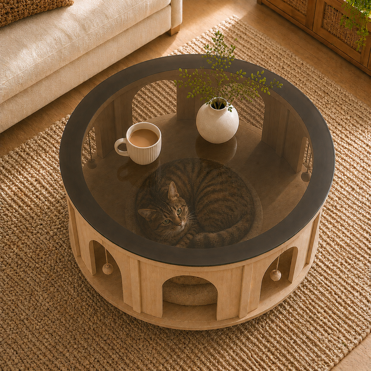 Top view of a tabby cat resting beneath the smoked glass top of a round wooden cat coffee table