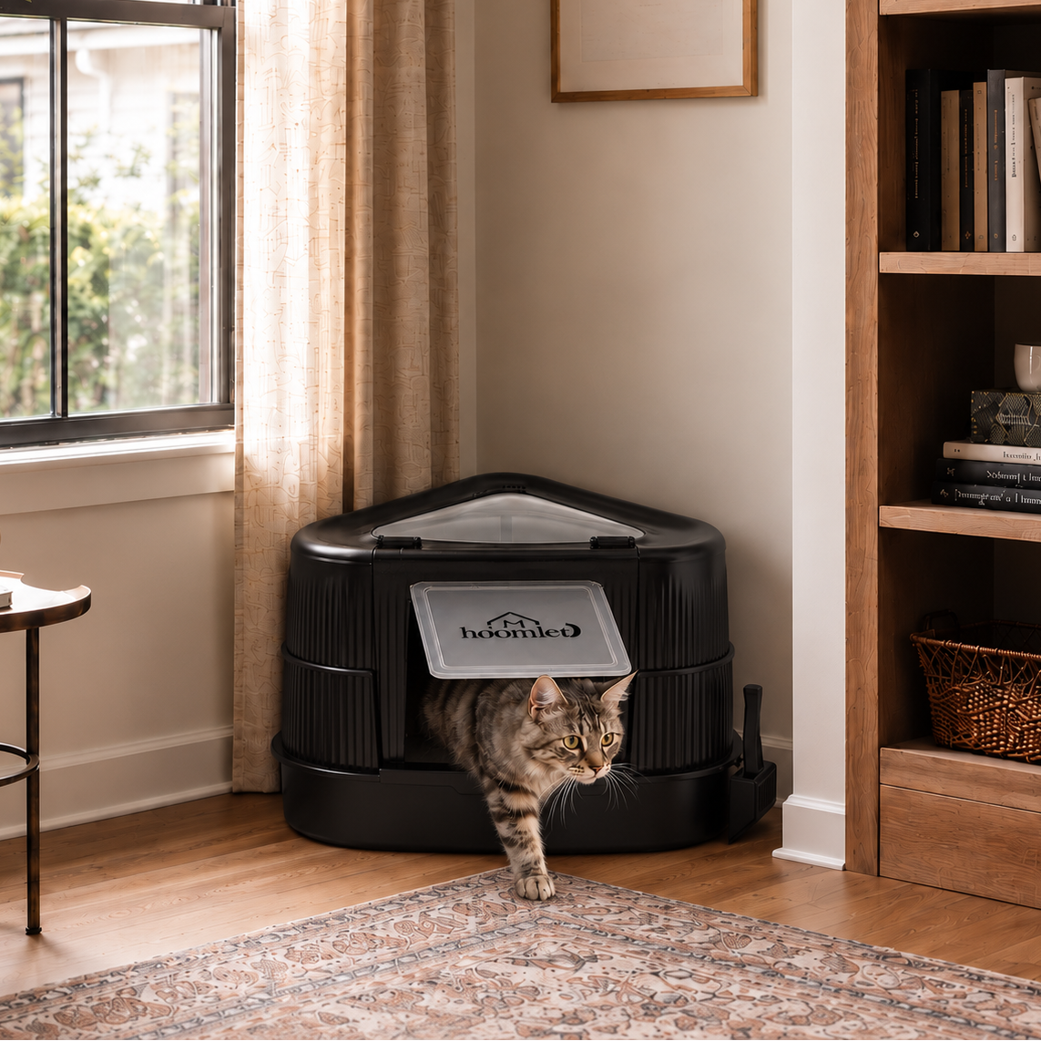 Black corner litter box for cats in a modern living space