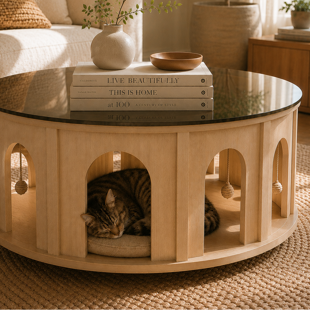 Tabby cat sleeping inside a wooden cat coffee table with smoked glass top and open archway design
