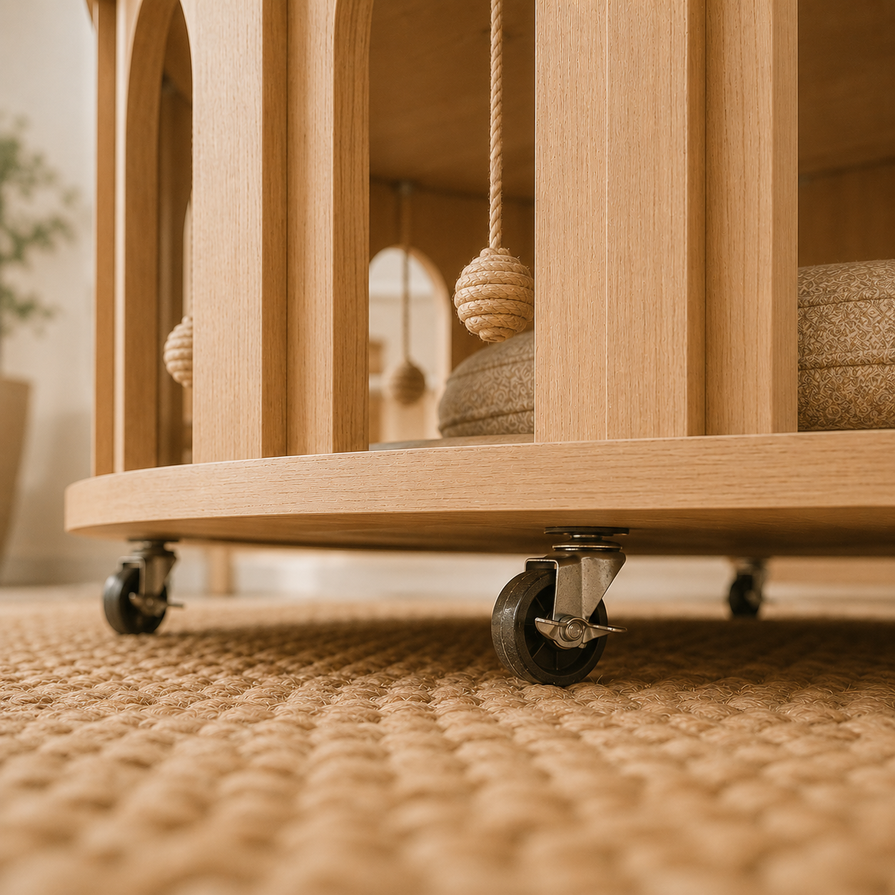 Close-up of a locking caster wheel beneath a round wooden cat coffee table with hanging cotton rope toys