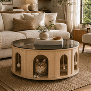 Tabby cat resting inside a round cat coffee table with smoked glass top, open archways, and hanging cat toys