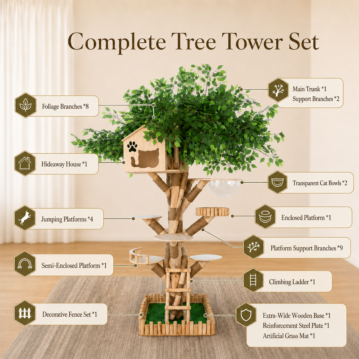Complete HOOMLET Tree Inspired Cat Tower with wooden platforms, hideaway house, acrylic bowls and scratching posts.