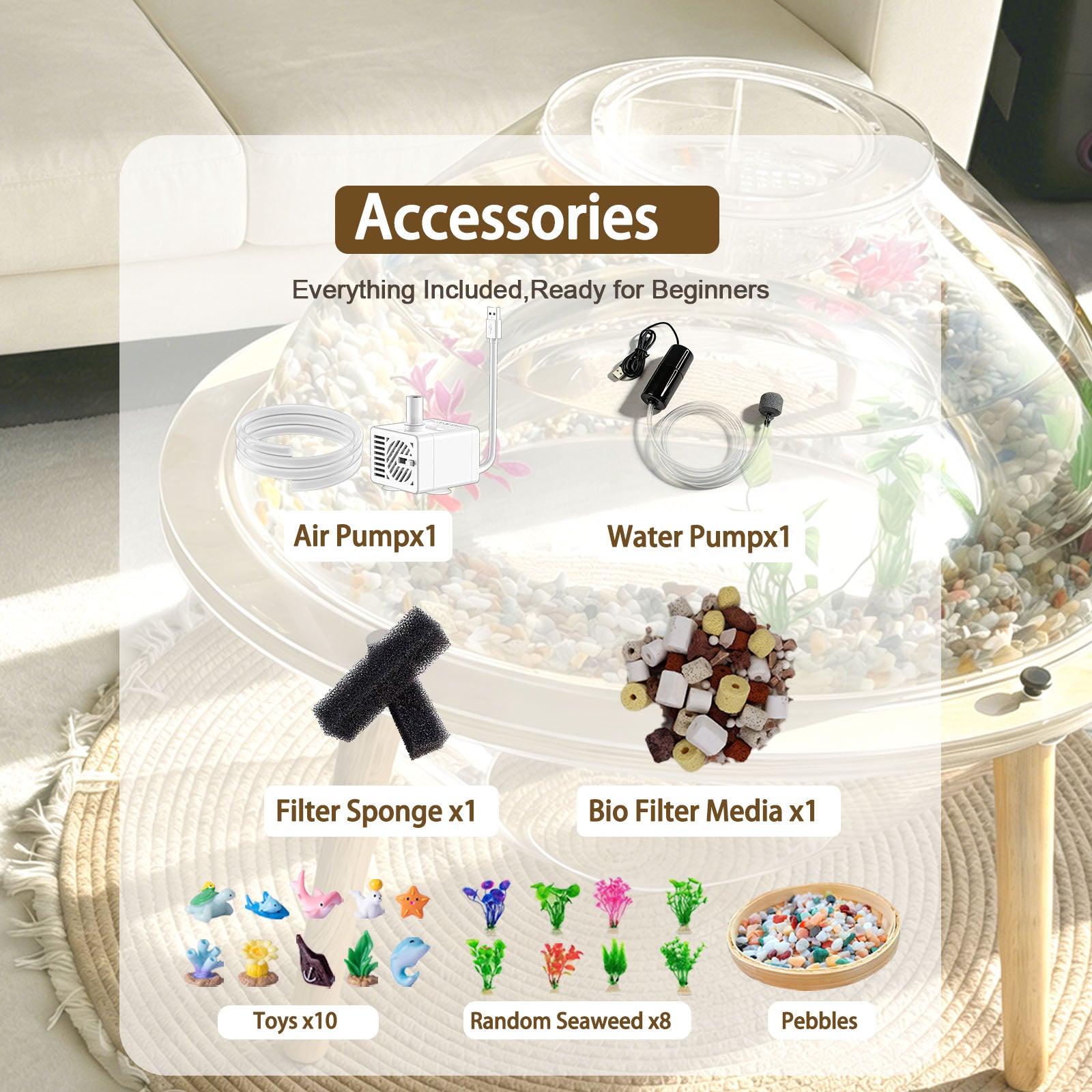 Complete accessory kit included with the HOOMLET Aquarium Pro XL Cat Bed for easy fishkeeping and setup.