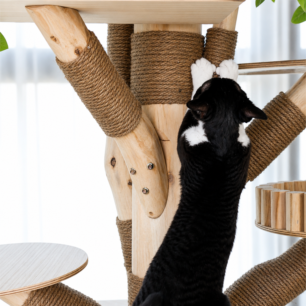 Cat scratching the natural sisal post of a modern indoor cat tree.