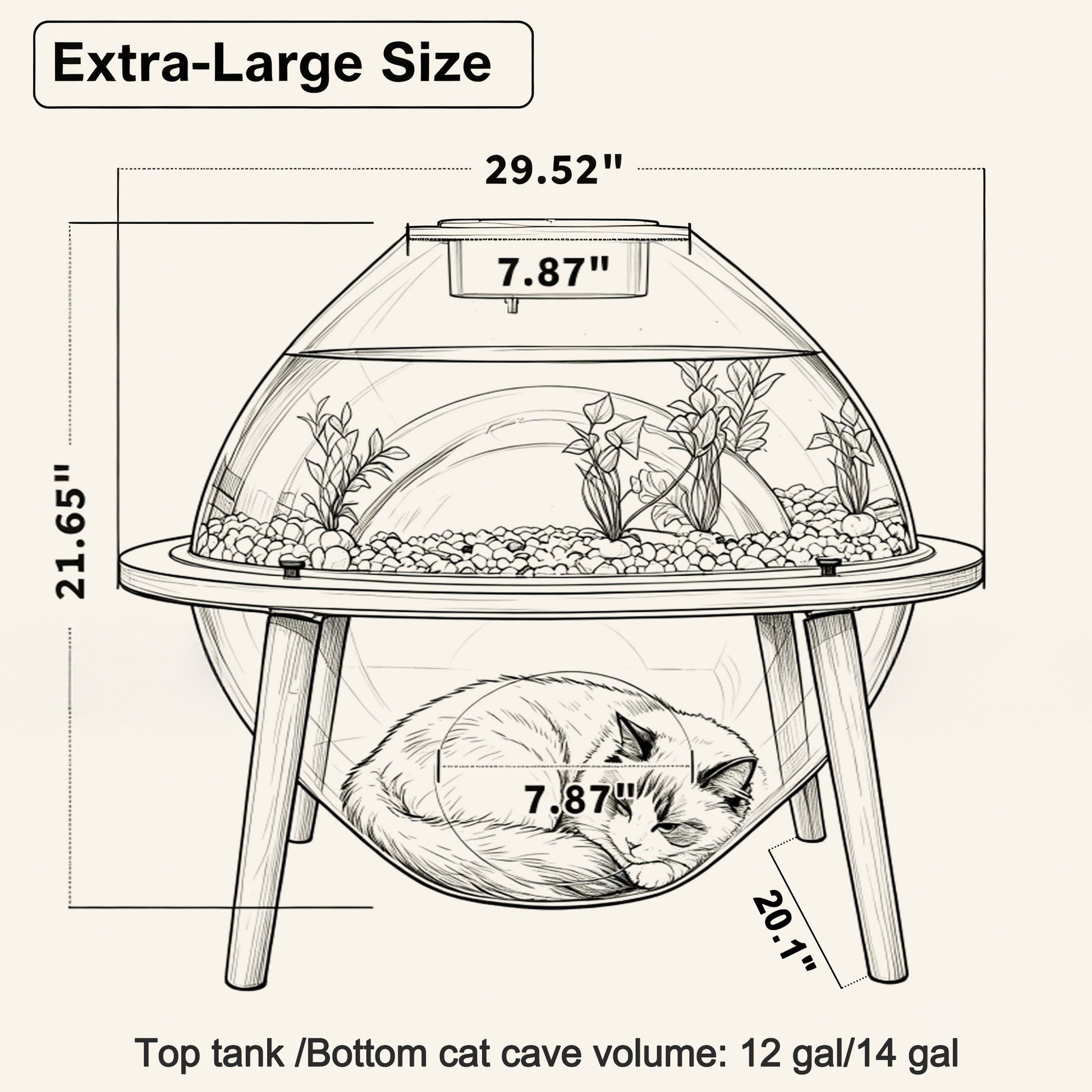 Dimensions of the HOOMLET Aquarium Pro XL Cat Bed with 12-gallon aquarium and spacious cat cave.