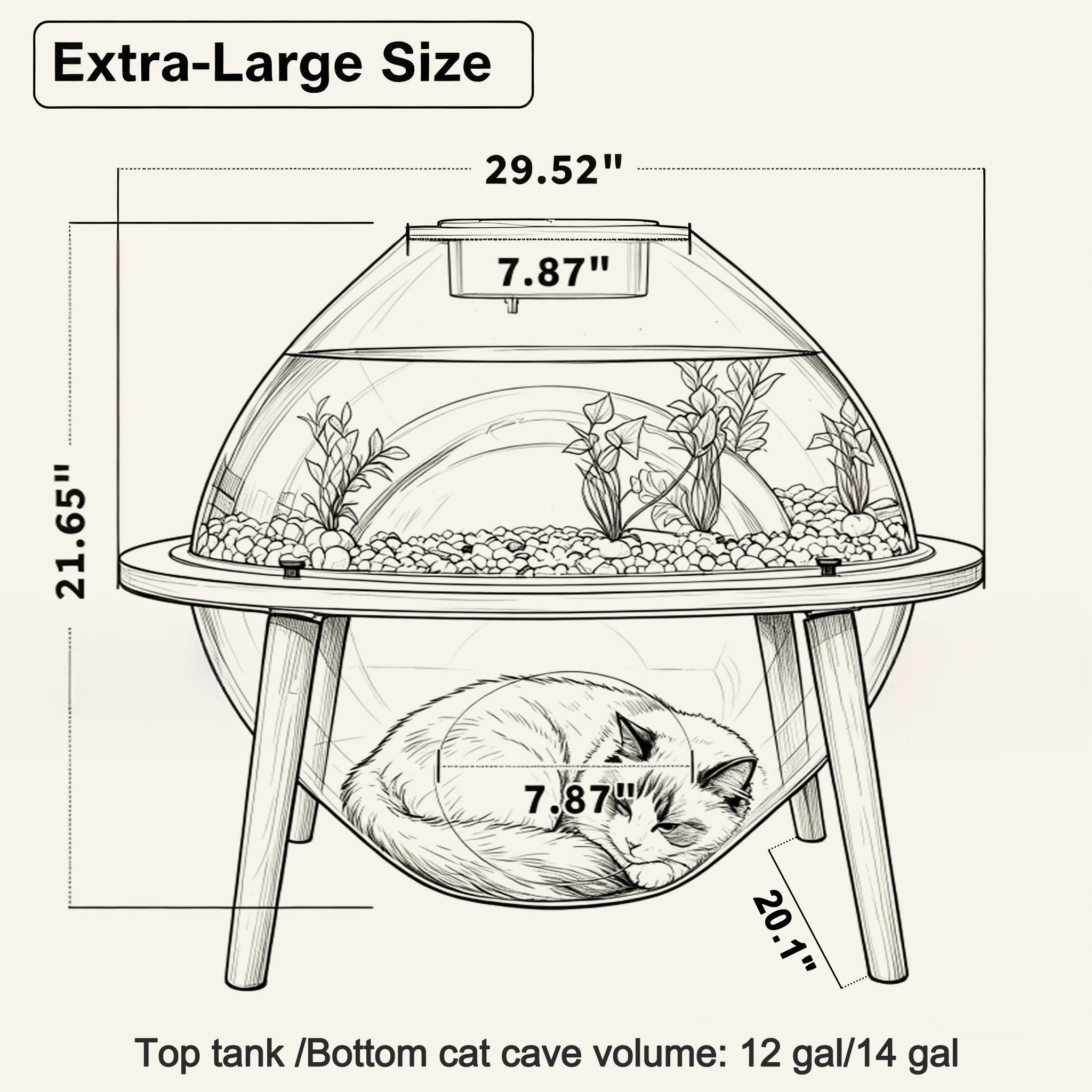 Dimensions of the HOOMLET Aquarium Pro XL Cat Bed with 12-gallon aquarium and spacious cat cave.