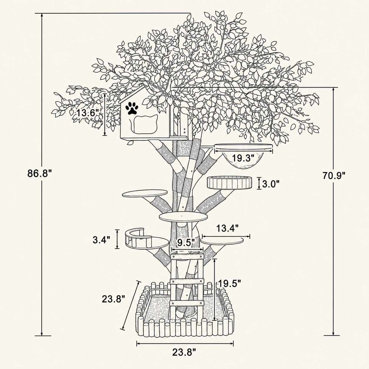 Dimensions of the HOOMLET Tree Inspired Cat Tower.