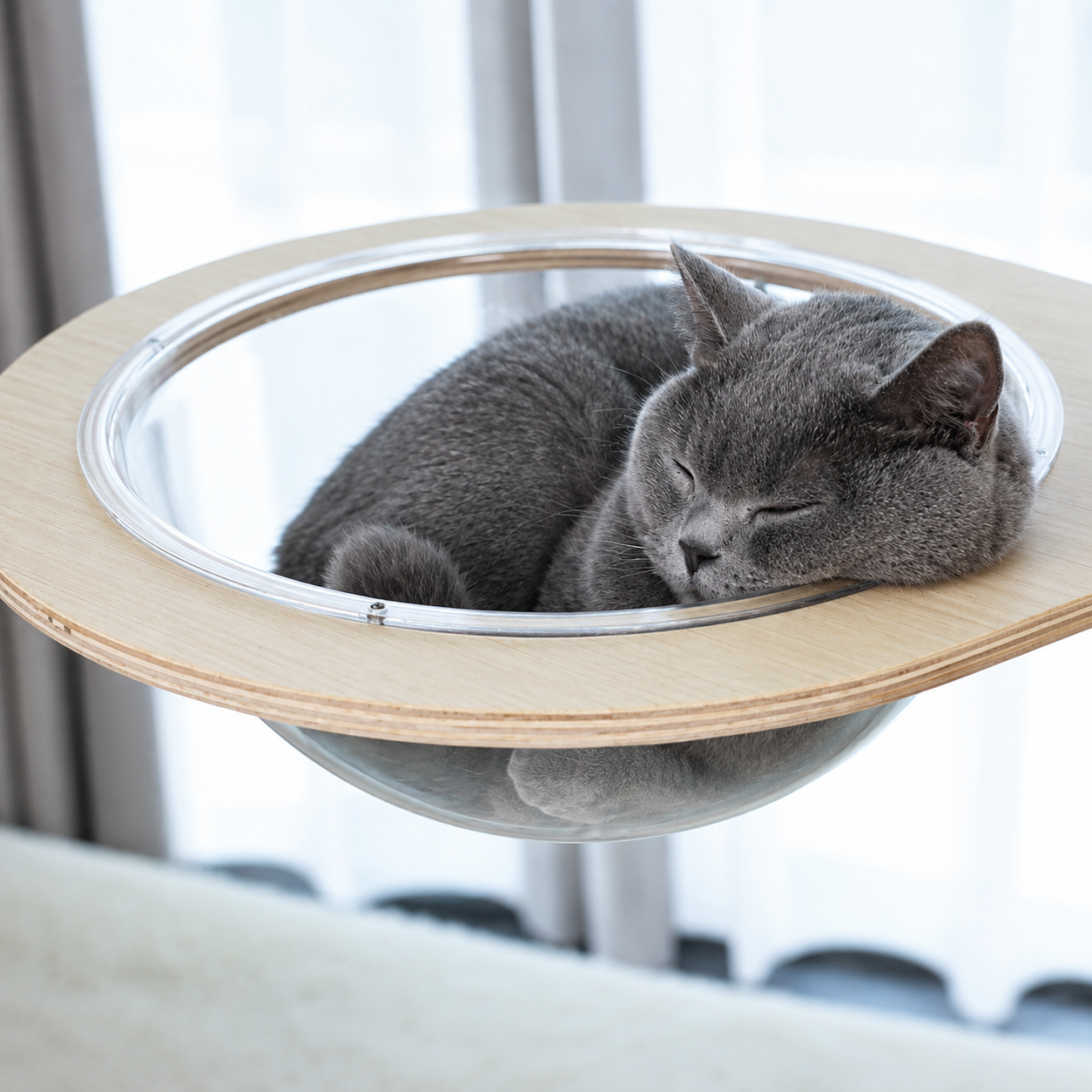 cat sleeping in the acrylic bowl of the HOOMLET Tree Inspired Cat Tower.