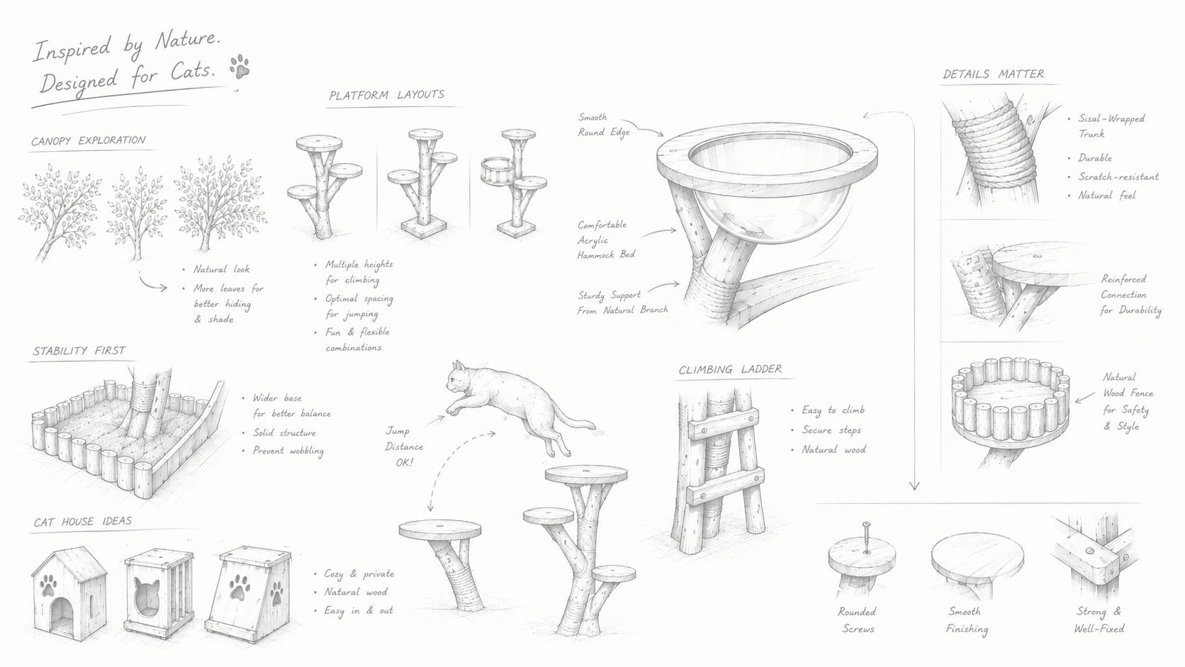 Design concept board for the HOOMLET Tree Inspired Cat Tower inspired by nature, combining handcrafted wood, climbing structures and modern cat furniture design.