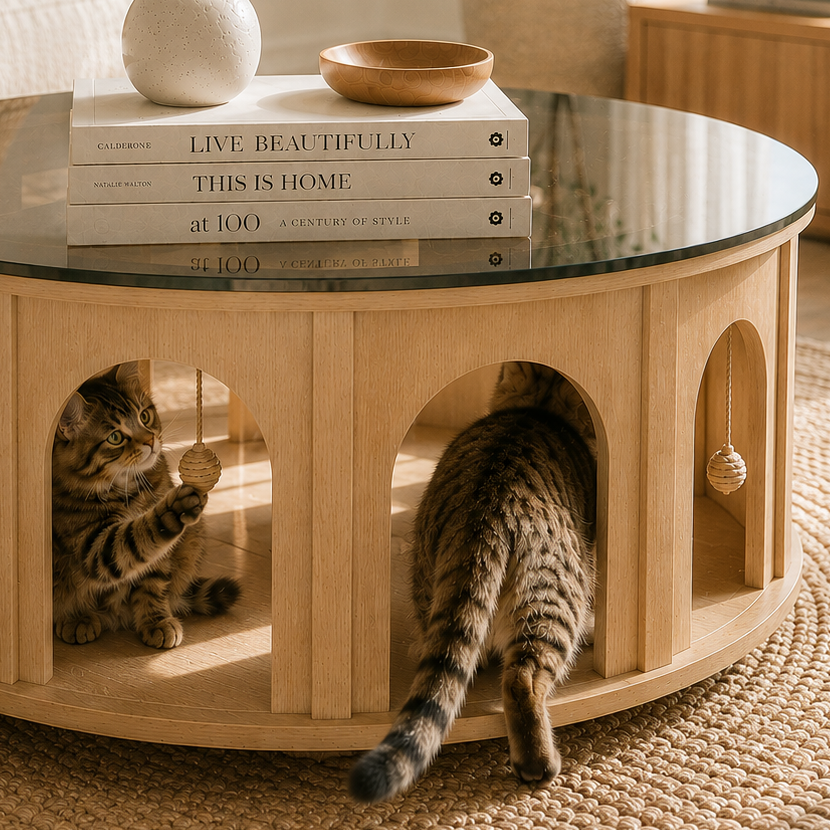 Tabby cat playing with a hanging cotton rope ball inside a round wooden cat coffee table